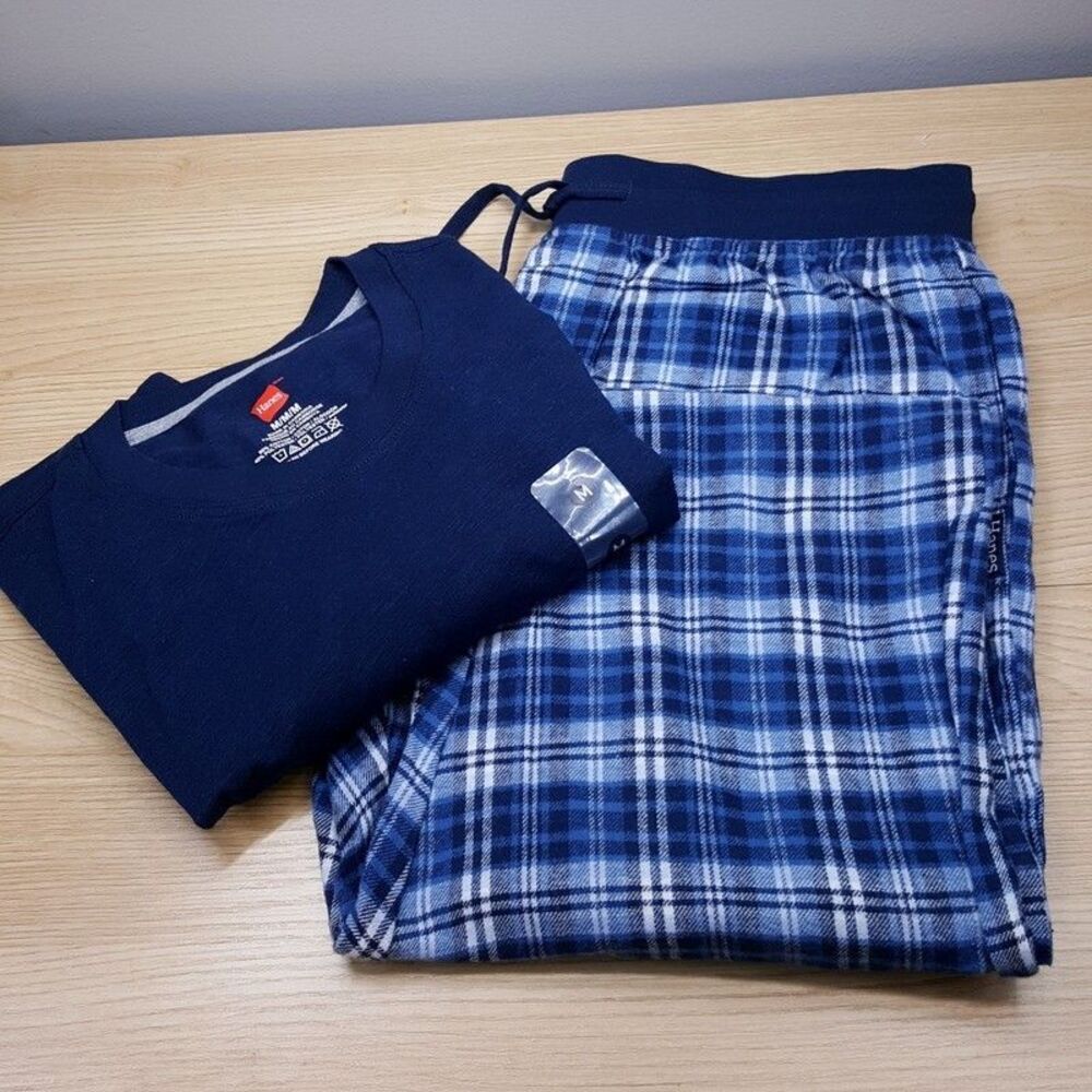 HANES Pajama Set Mens Medium Blue Pullover Long Sleeve Crew Plaid Flannel Pants